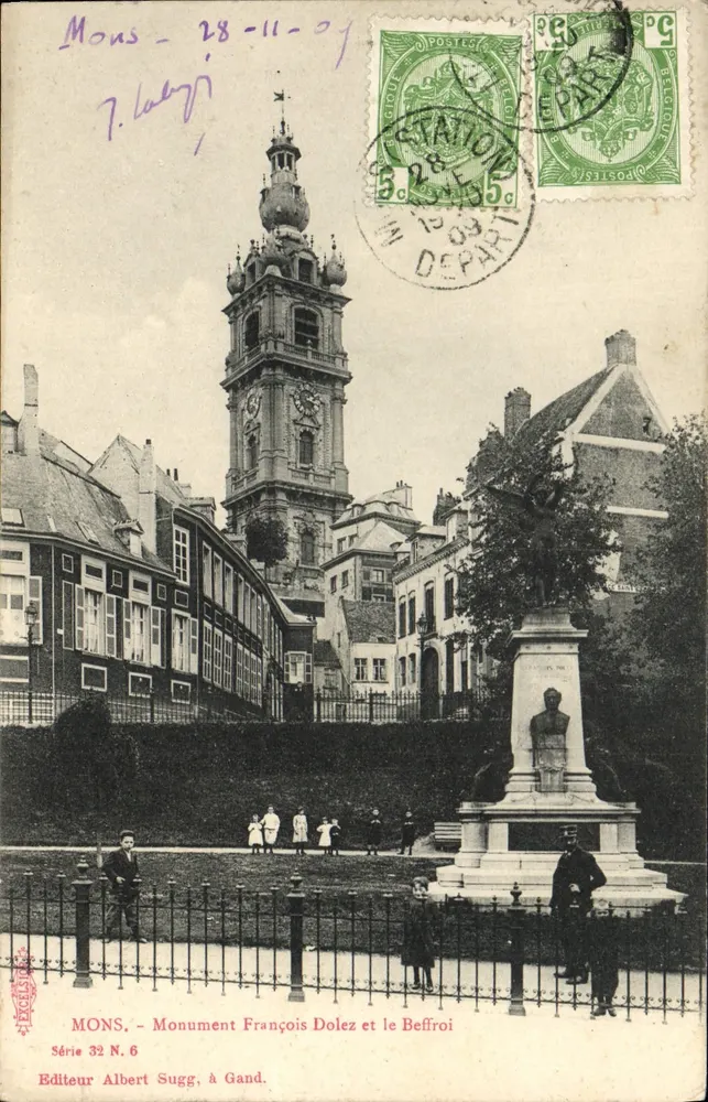 Mons — Denkmal François Dolez und der Glockenturm — Verlag Albert Sugg, Gent, Serie 32 N. 6 - Vorderseite