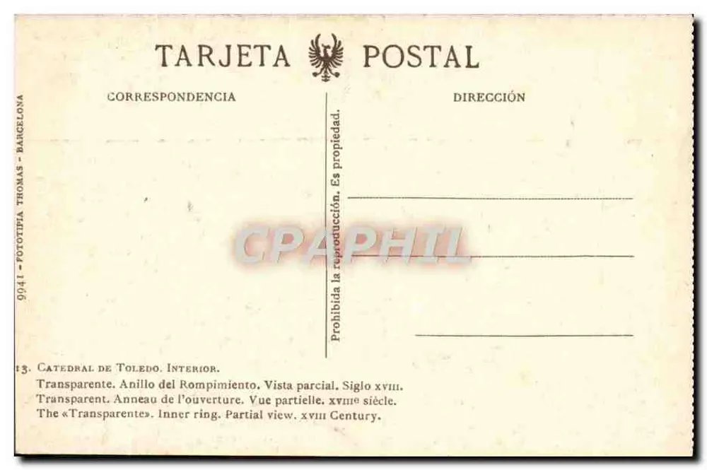 Catedral de Toledo — Anel de abertura, visão parcial — Phototypia Thomas, n° 9041 - Verso