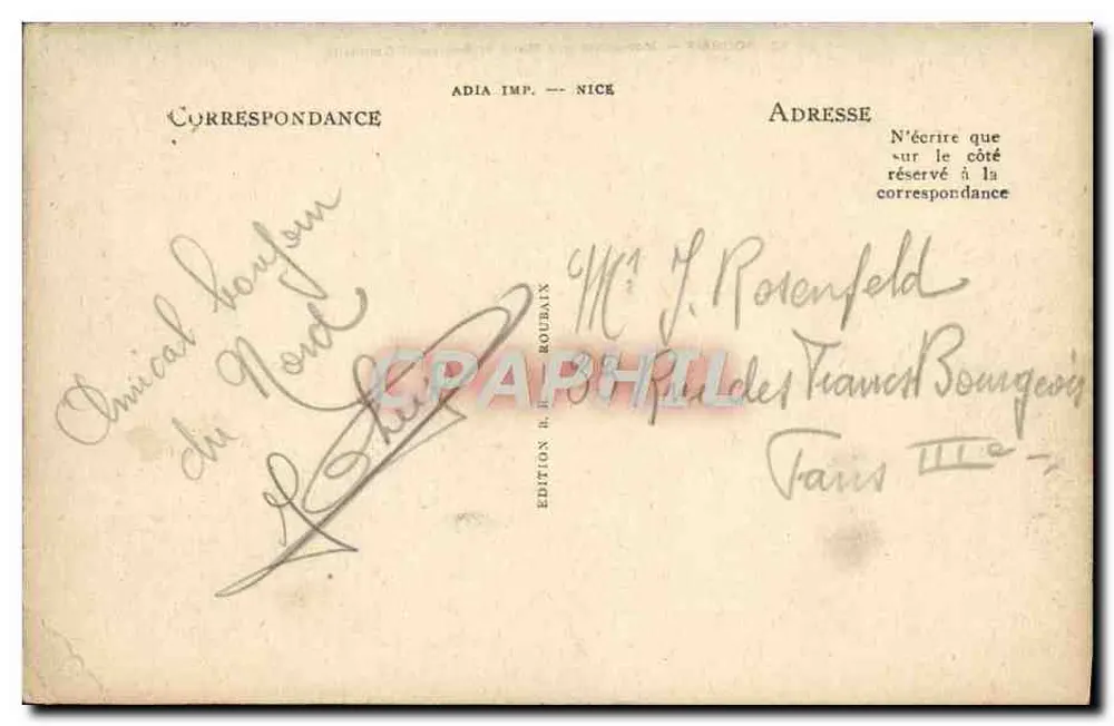 Roubaix — Gedenkstein für die Toten und Boulevard Gambetta — Ausgabe ADIA Imp. Nice - Rückseite