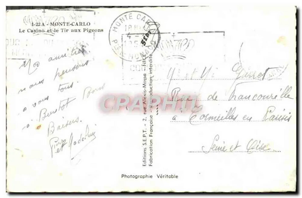 Monte-Carlo — Das Casino und das Taubenschuss — Éditions Fabrication Française - Rückseite