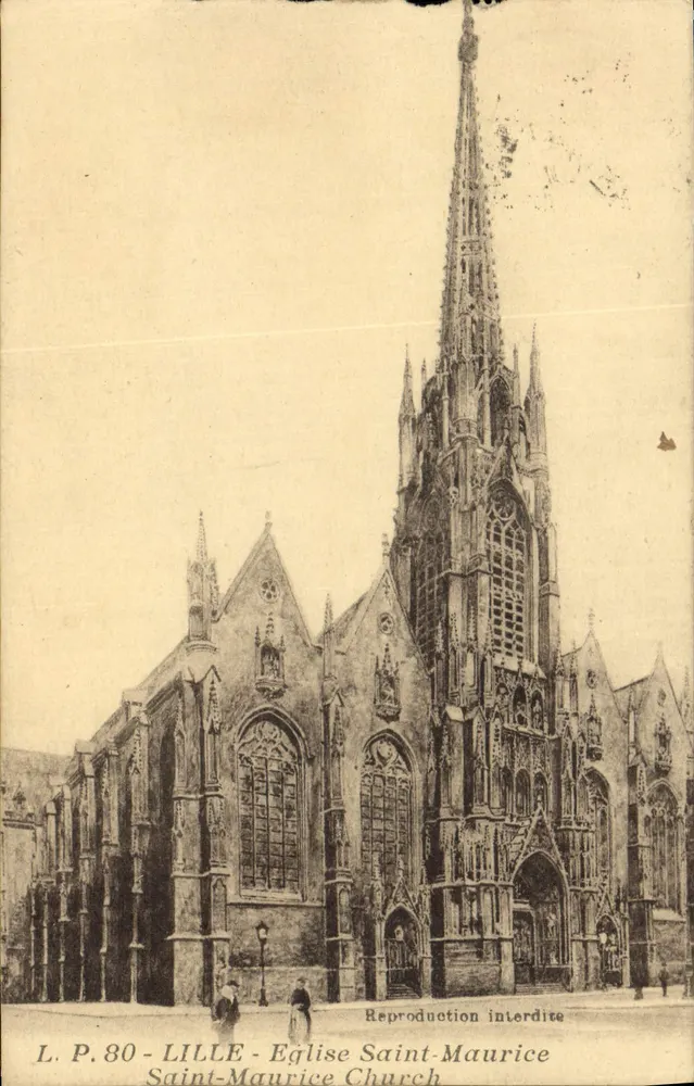 Lille - Église Saint-Maurice — vue de la façade et du clocher gothique, éditeur L.P.80 - Frente