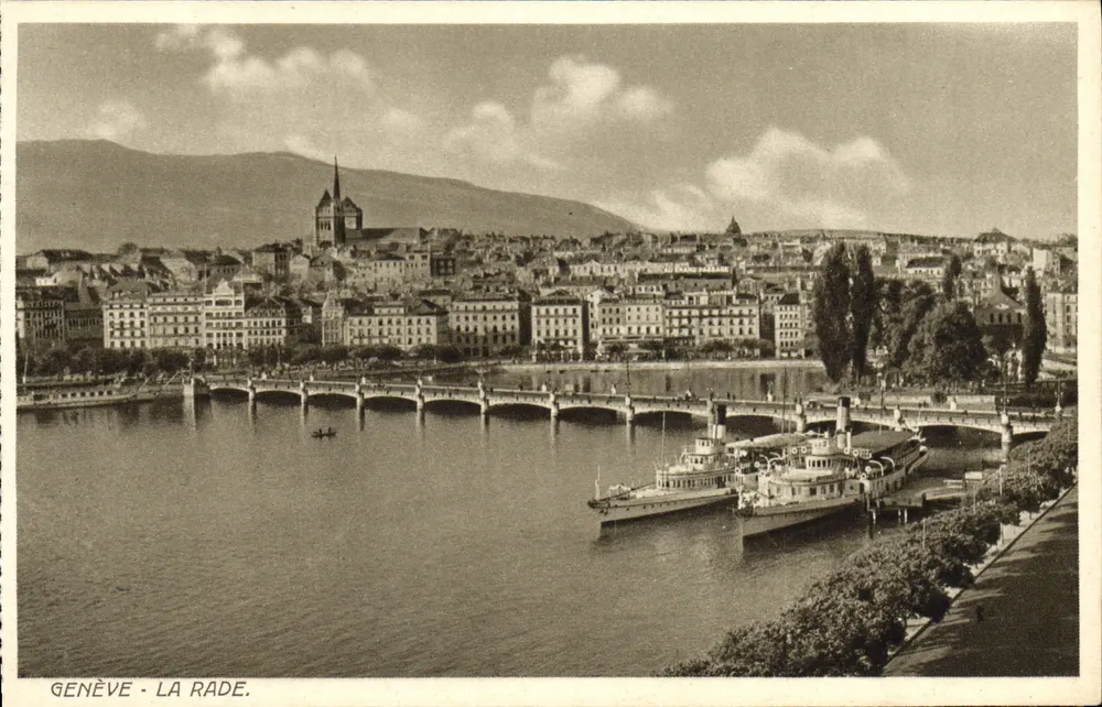 Genebra - A Baía — vista panorâmica com ponte e barcos — editor O. Sartori - Frente