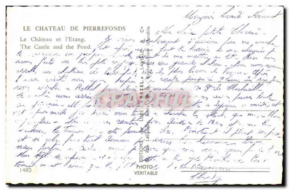 O Castelo de Pierrefonds — Lago — Editor Estel, n° 1480 - Verso
