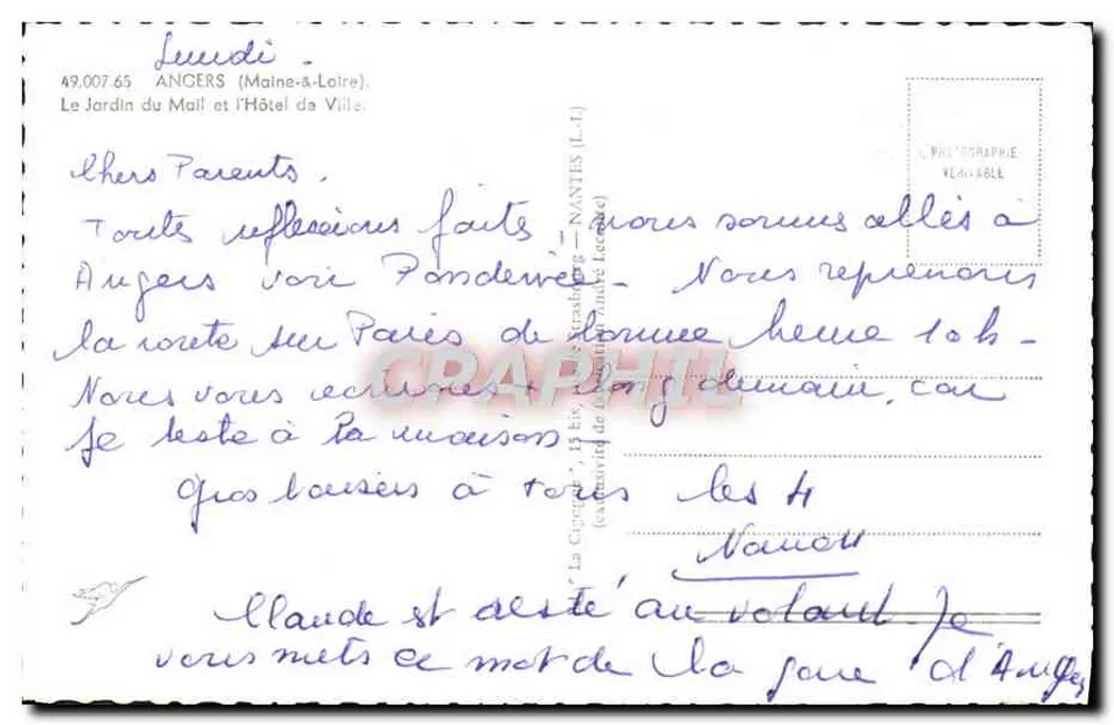 Der Mail-Garten und das Rathaus — Angers (Maine-et-Loire) — La Cigogne, n° 49.007.65 - Rückseite