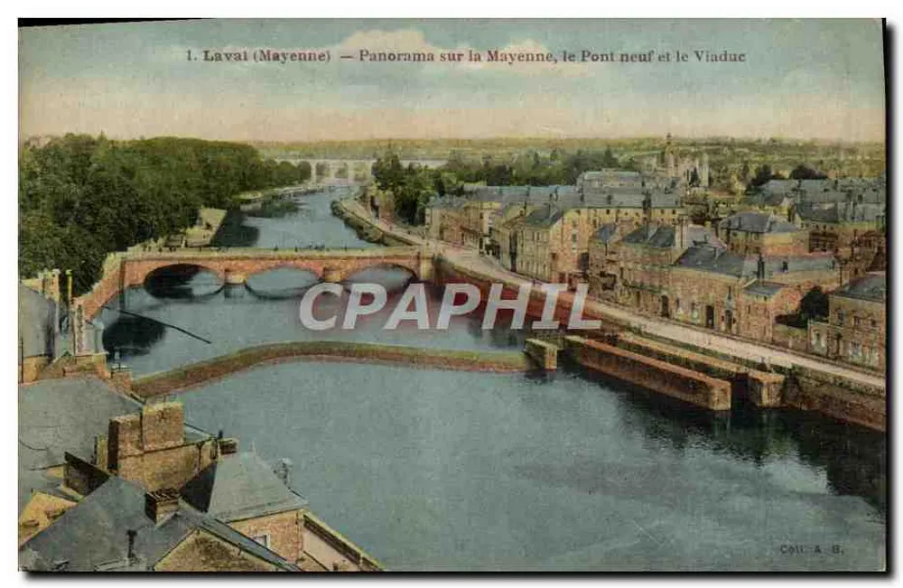 Lavai (Mayenne) — Panorama über die Mayenne, den neuen Brücke und den Viadukt — Coull A. B. - Vorderseite