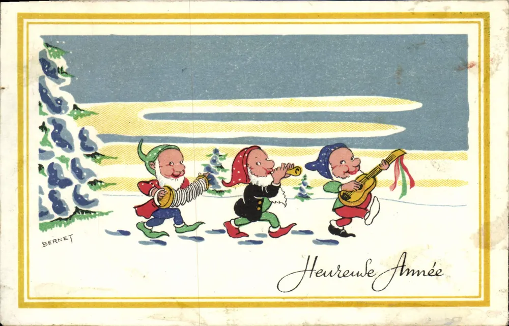 Trois lutins dans la neige — scène de Noël — éditeur BERNET - Frente