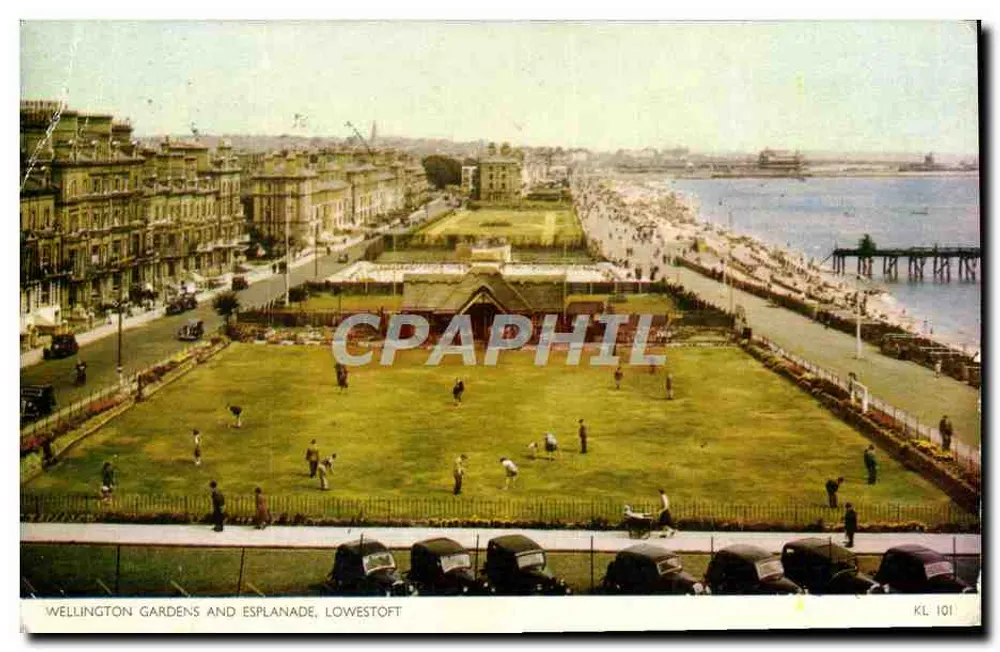 Wellington Gardens and Esplanade, Lowestoft — vue aérienne du parc et du quai côtier — éditeur J. H. Herring & Co. Ltd. n° KL 101 - Voorkant