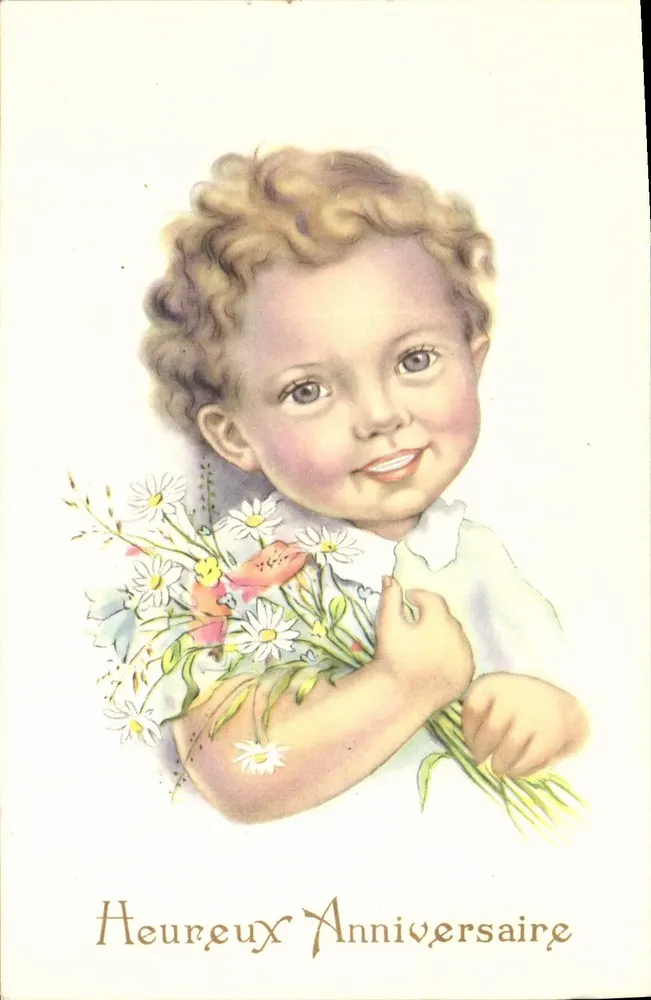 Niño con ramo de flores — Cumpleaños — n°653/1 - Anverso
