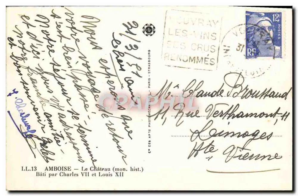 Amboise — Das Schloss (hist. mon.) — C.P. des Arts Photographiques, Paris - Rückseite