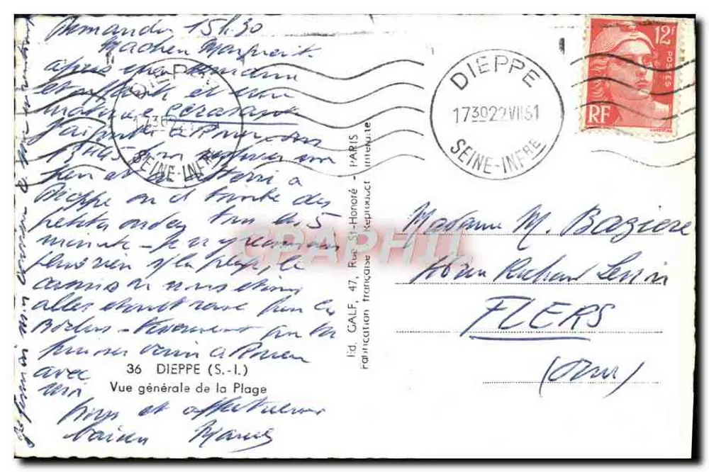 Praia de Dieppe — visão geral com banhistas e bar — editor CALF, n° 36 - Verso