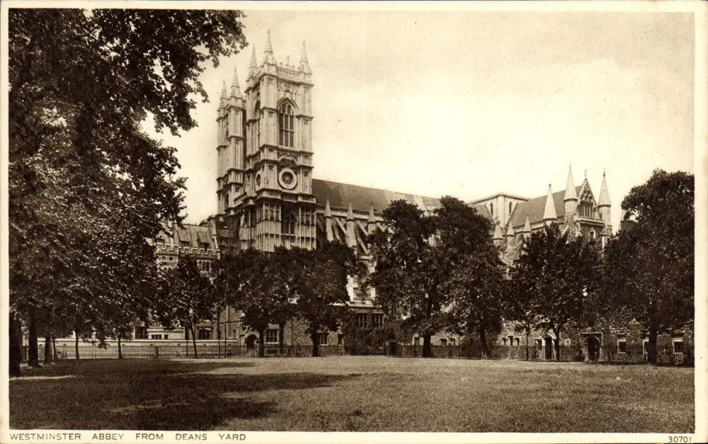 Westminster Abbey gezien vanuit Deans Yard — uitgever Photocrom Wells & Tuntbridge Wells Co. Ltd., n° 30701 - Voorkant