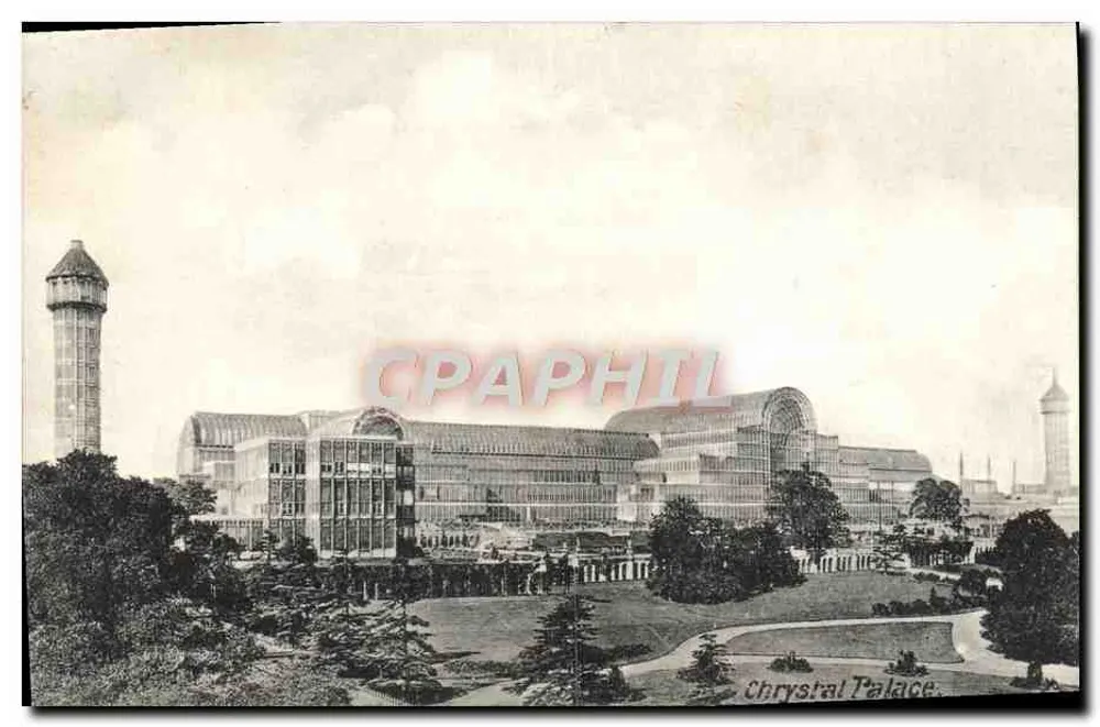 Chrysal Palace — Vista panorâmica do grande edifício de vidro e da torre de água — Impresso na Saxônia - Frente