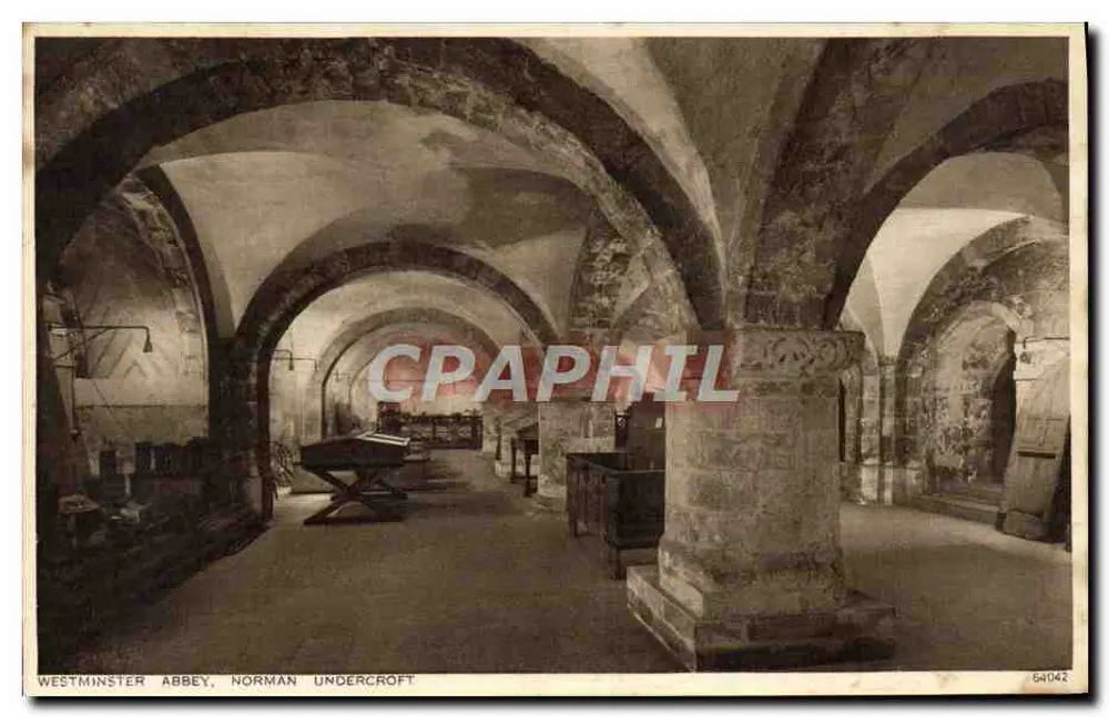 Abadia de Westminster, Undercroft Normando — visão interna das abóbadas e colunas — Photodrome Wells & Co. Ltd., n° 64042 - Frente
