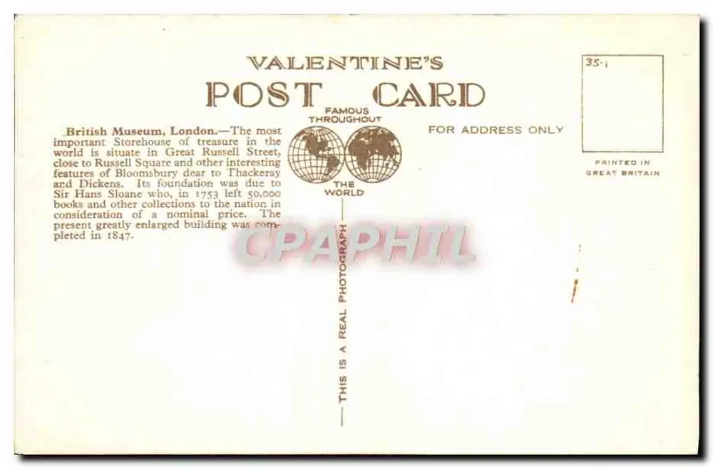British Museum, Londres — vista do prédio principal — Valentine's Post Card n°58387J.V. - Verso
