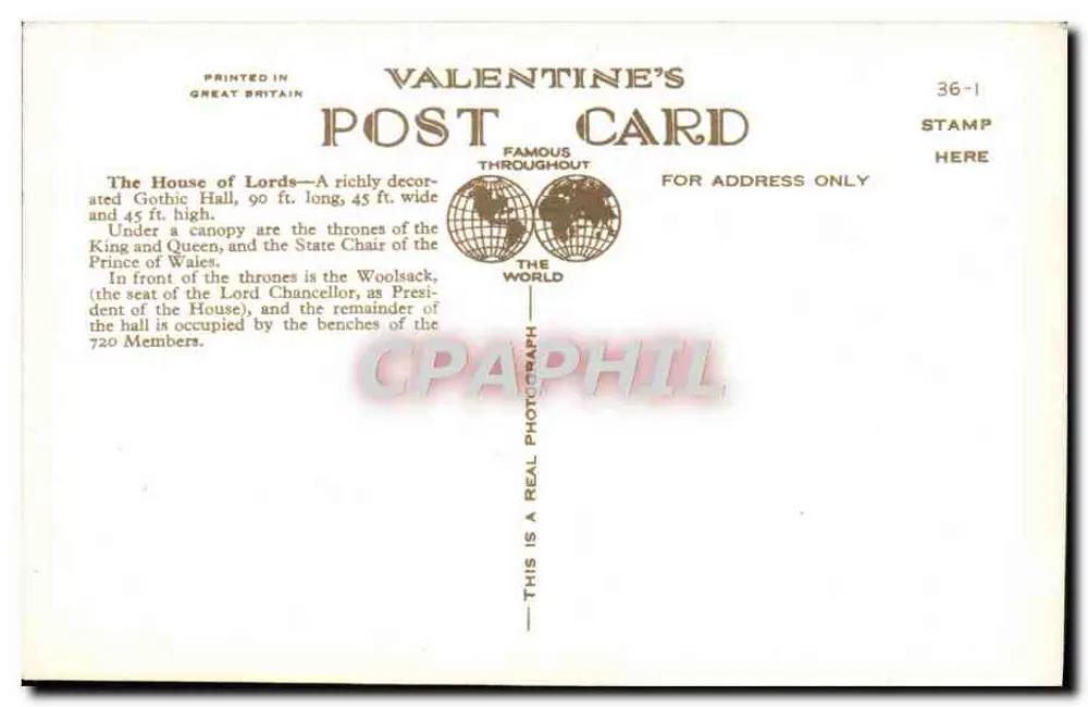 House of Lords, London — Valentine's Postcard, Serie 36-1 - Rückseite