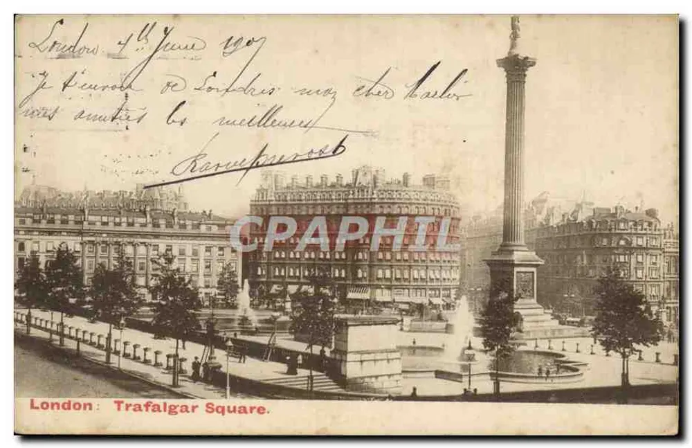 Londres: Trafalgar Square — vista do monumento e das fontes — E.F.A. Série Londres, n° 322 - Frente
