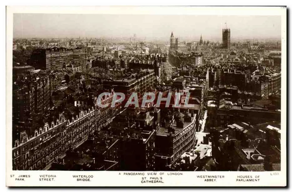 Vista panorâmica de Londres — St James Park, Victoria Street, Waterloo Bridge, St Paul's Cathedral, Westminster Abbey, Houses of Parliament — editor L 133 - Frente