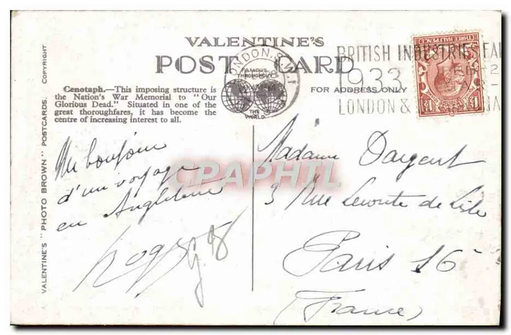 O Cenotáfio & Whitehall, Londres — Valentine's Postcards, n° 209370 - Verso