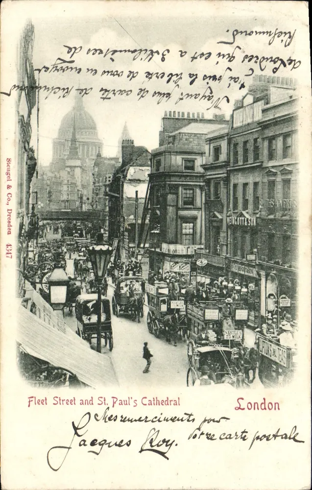 Fleet Street und St. Paul's Cathedral — lebendige Ansicht der Straße mit Kutschen und der Kathedrale im Hintergrund — Verlag Seubigel & Co., Dresden, Nr. 4347 - Vorderseite