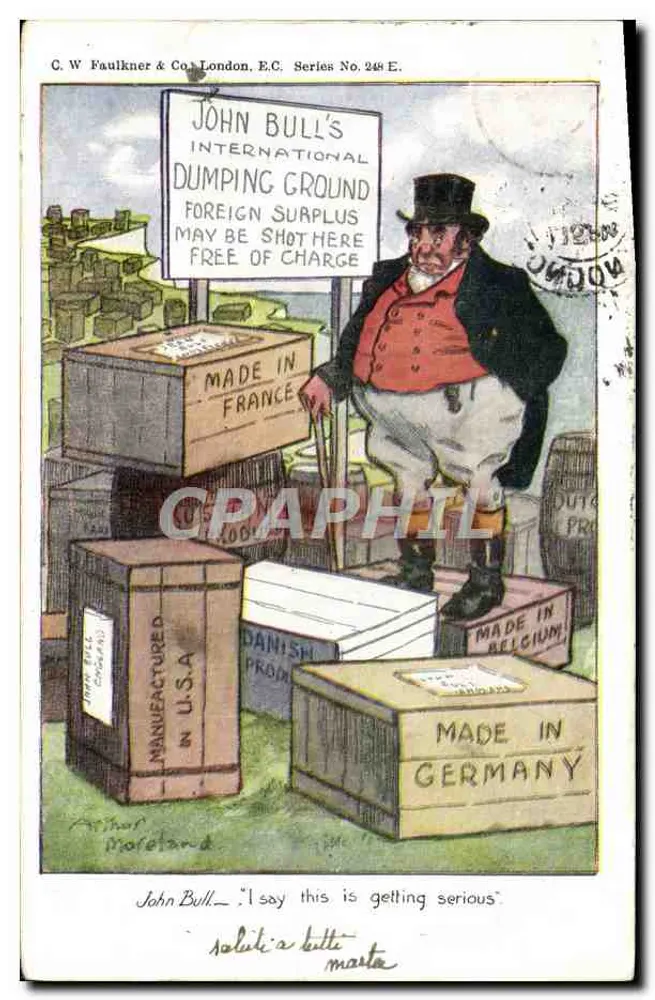 John Bull's International Dumping Ground — caricatura satírica — C. W. Faulkner & Co. Londres, E.C. Número da série 248 E. - Frente