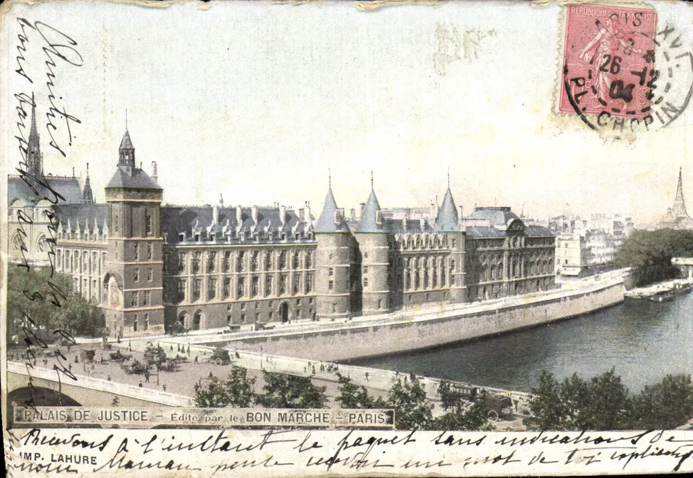 Palais de Justice — vue du bâtiment et de la Seine — éditeur BON MARCHÉ, Paris - Awers