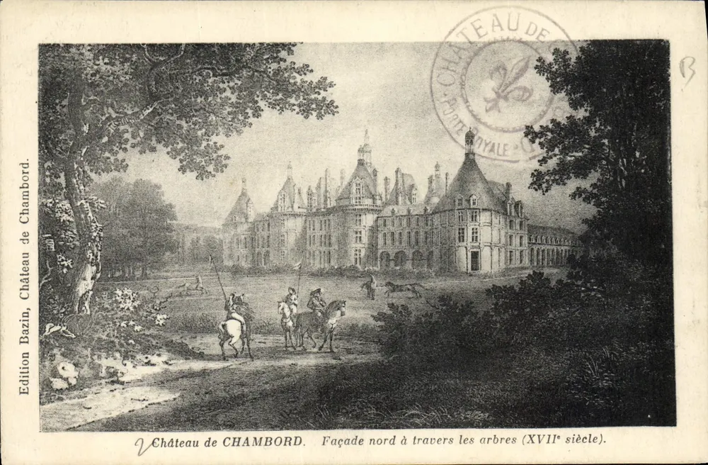 Schloss Chambord — Nordfassade durch die Bäume (17. Jahrhundert) — Bazin-Ausgabe - Vorderseite