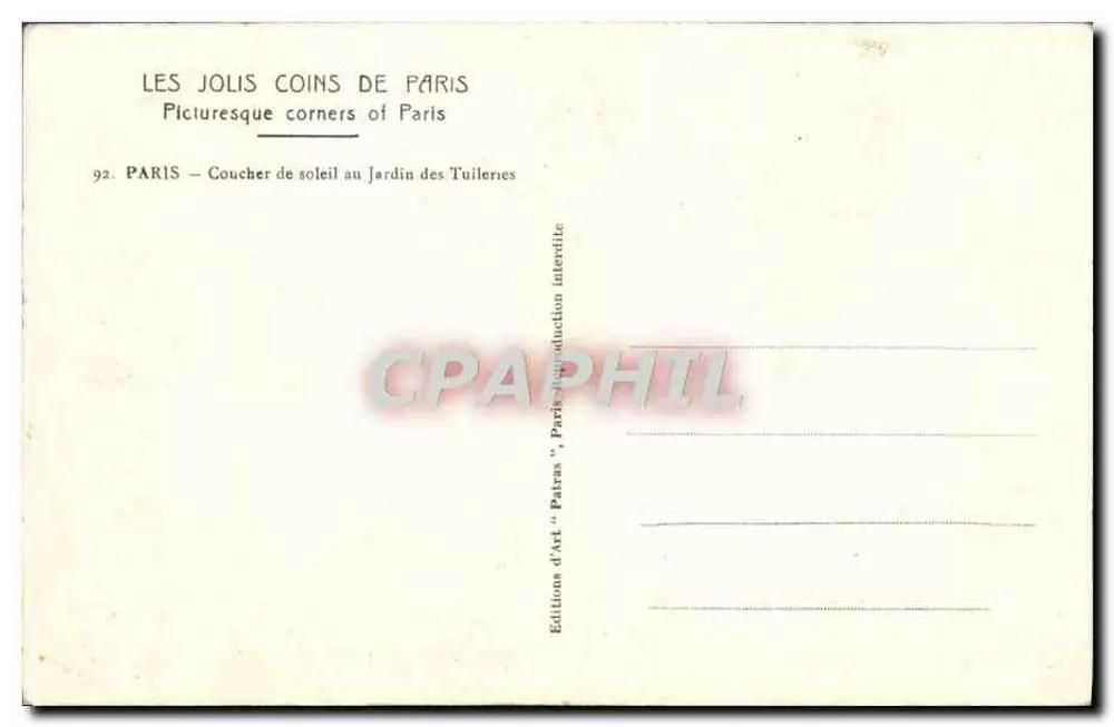 Jardin des Tuileries — Sonnenuntergang — Éditions d'Art 'Pairas' - Rückseite