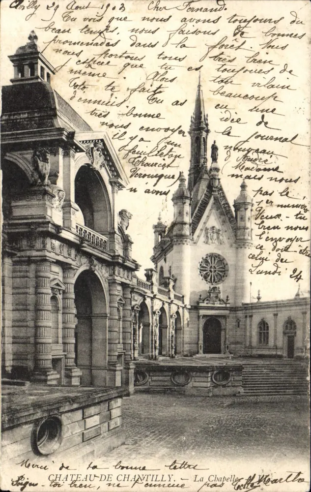 Castelo de Chantilly — vista do parque e da capela — La Chatelleraie, editor desconhecido - Frente