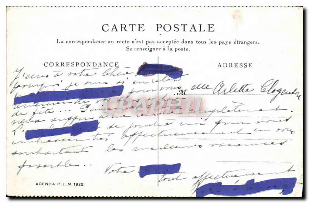 Palast von Fontainebleau — P.L.M. Busdienste im Wald — P.L.M. Kalender 1922 - Rückseite