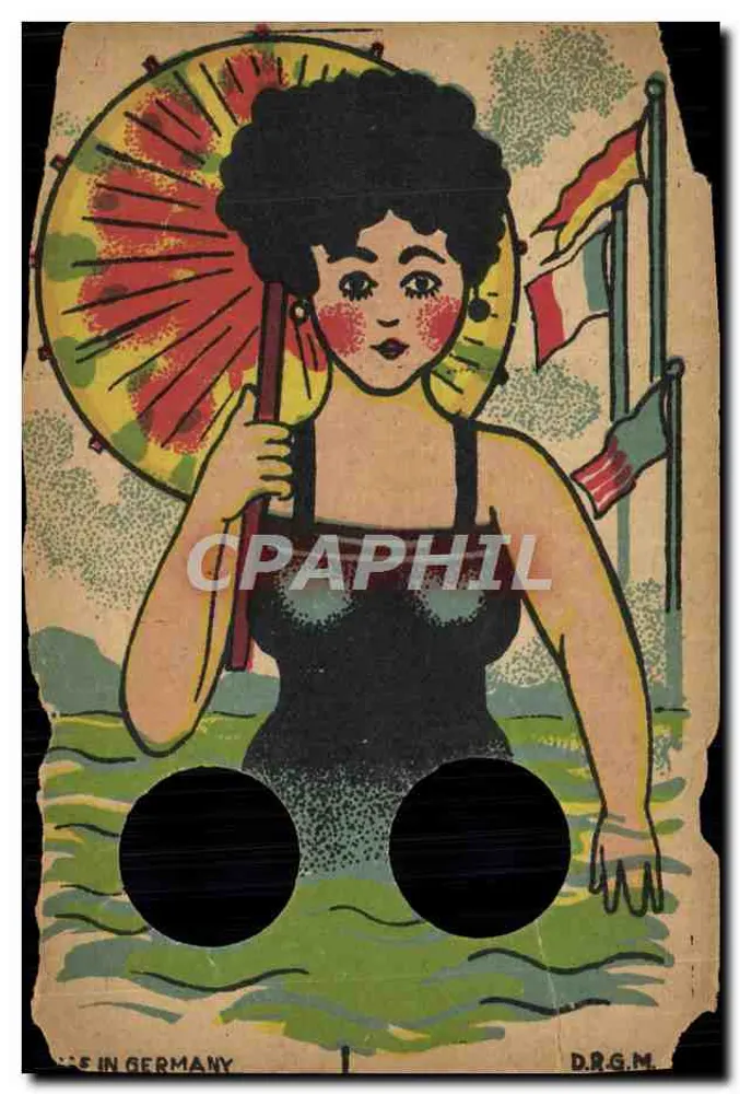 Femme en maillot de bain — scène de plage avec drapeaux — éditeur D.R.G.M. - Frente