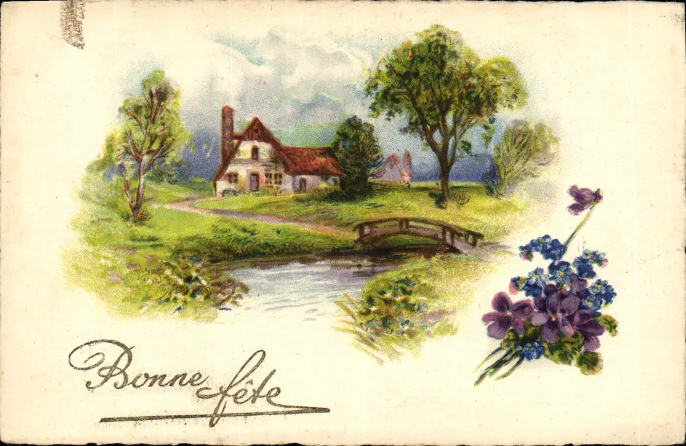 Landschaft mit Haus und Brücke — Frohe Geburtstagskarte — Verlag Bounor, n°259 - Vorderseite