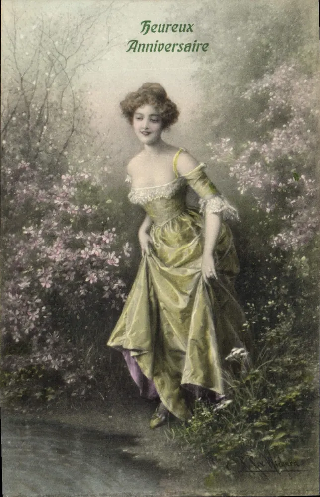 Frau in grüner Robe im Garten — 'Glückliches Geburtstag' — R.W. Wihner, Nr. 517a - Vorderseite