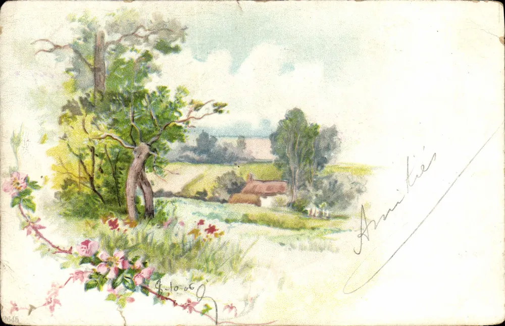 Paysage wiejski z kwiatami — rysunek w technice akwareli — wydawca nieznany, nr serii 0645 - Awers