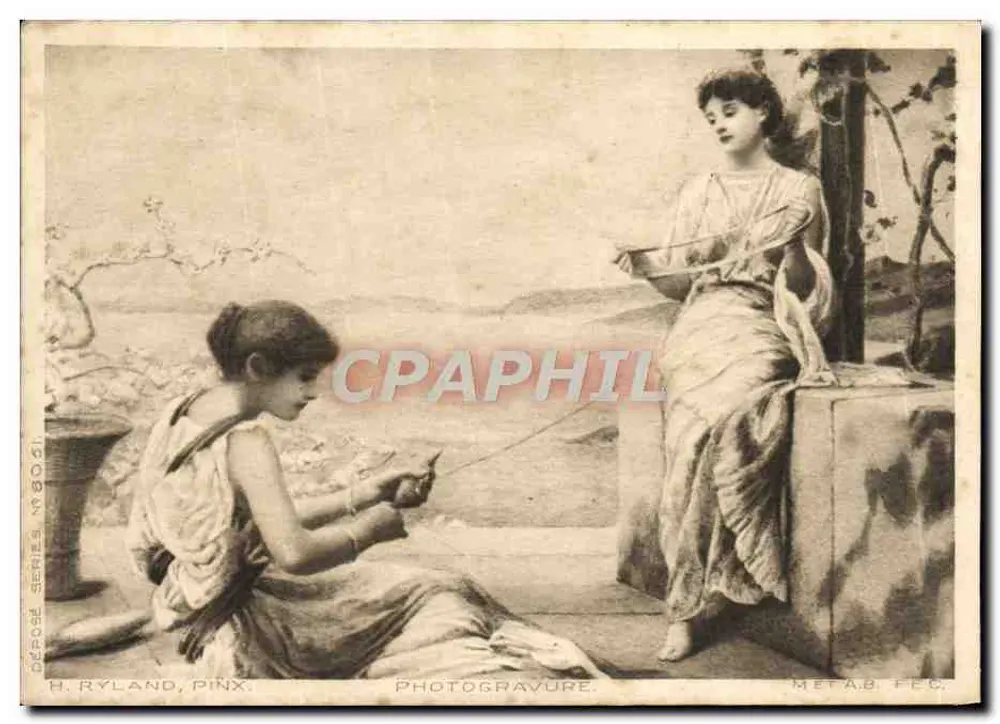 Deux jeunes femmes en tenue antique — scène de pêche — photogravure d'H. Ryland, Pink & Co. (série 1503) - Frente