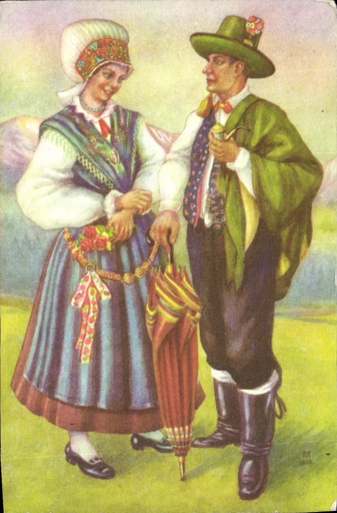 Trajes nacionales eslovenos: Kamnik — ilustración de Milan Vukić, editor Fototeknika Ljubljana, n° 36 - Anverso