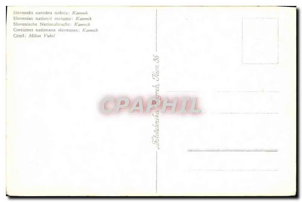 Trajes nacionales eslovenos: Kamnik — ilustración de Milan Vukić, editor Fototeknika Ljubljana, n° 36 - Reverso