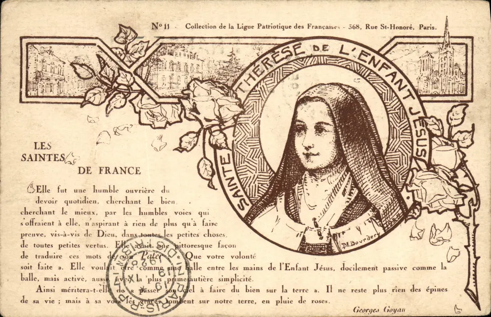Sainte Thérèse de l'Enfant Jésus — portrait encadré avec roses et vignettes architecturales — Collection de la Ligue Patriotique des Françaises, n°11 - Vorderseite