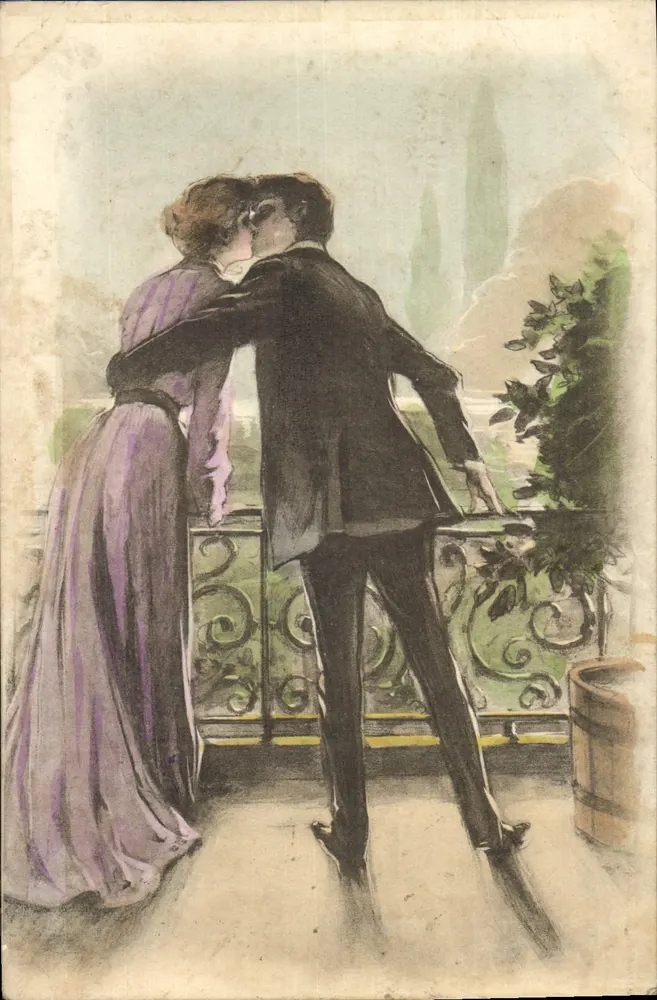 Un couple enlacé sur un balcon — scène d'amour — éditeur B.A. Paris - Vorderseite