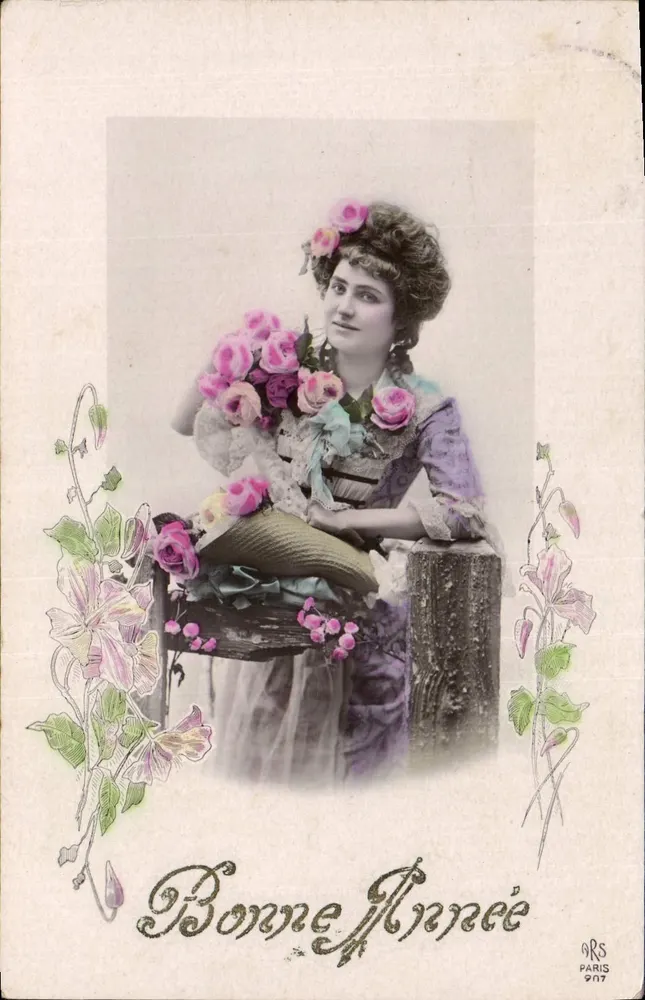 Frau in einem Violettrock mit Rosenstrauß — Frohes Neues Jahr 1917 — ORS Paris - Vorderseite