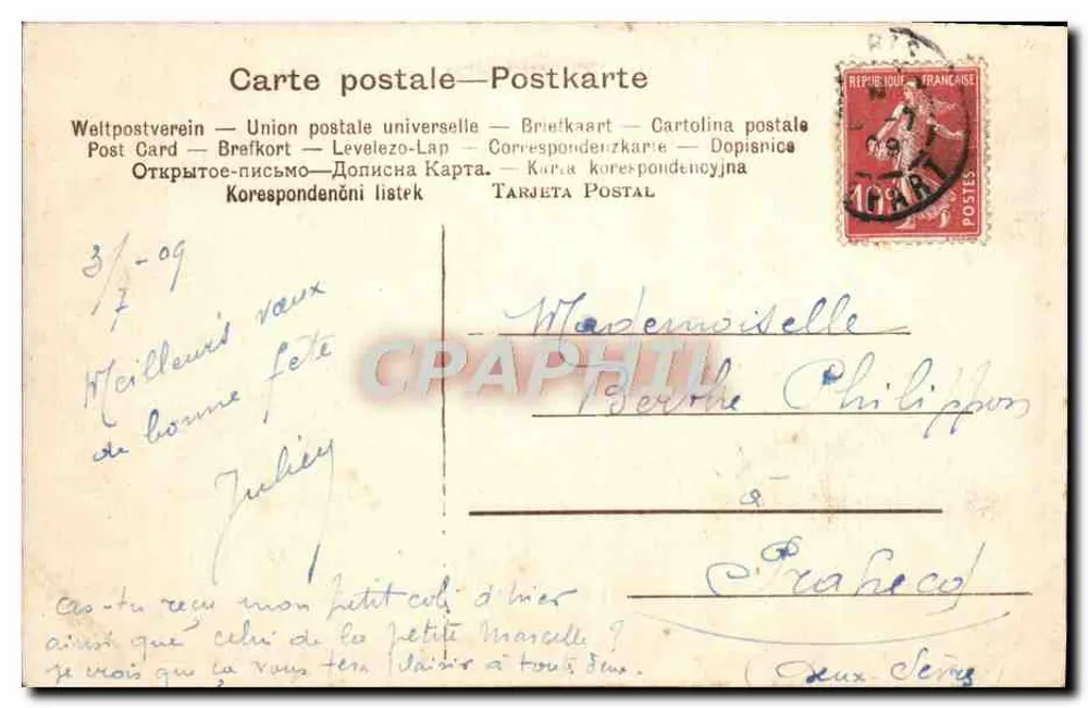Zimowy krajobraz z owcami — pod księżycem — fotogravura Daniela Sherrina, Pinx, wydana przez M & A.B. Fec, seria 6138 - Rewers