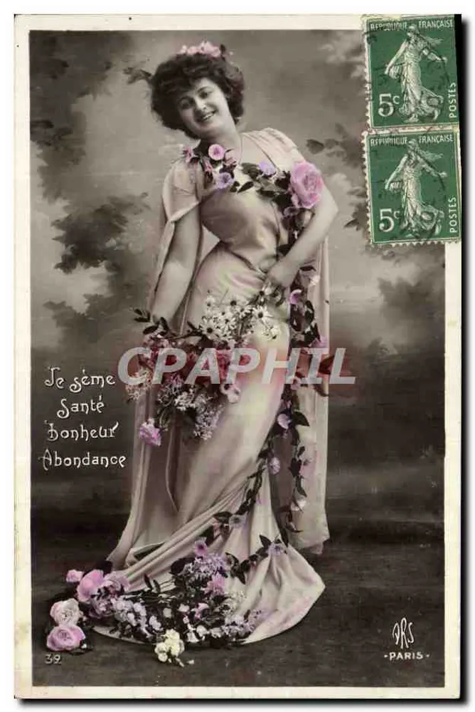 Frau in einem blumigen Kleid — Ich säe Gesundheit Glück Wohlstand — Verlag ARS, Paris, Nr. 39 - Vorderseite