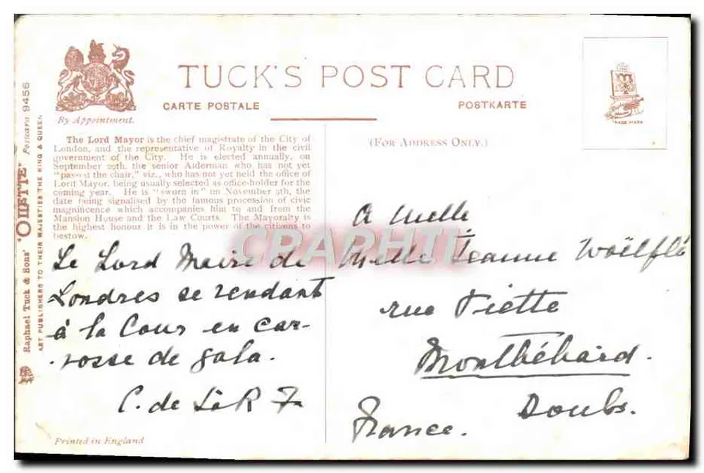 Der Lord Mayor von London — Prozession — Tuck's Post Card n° 9456 - Rückseite