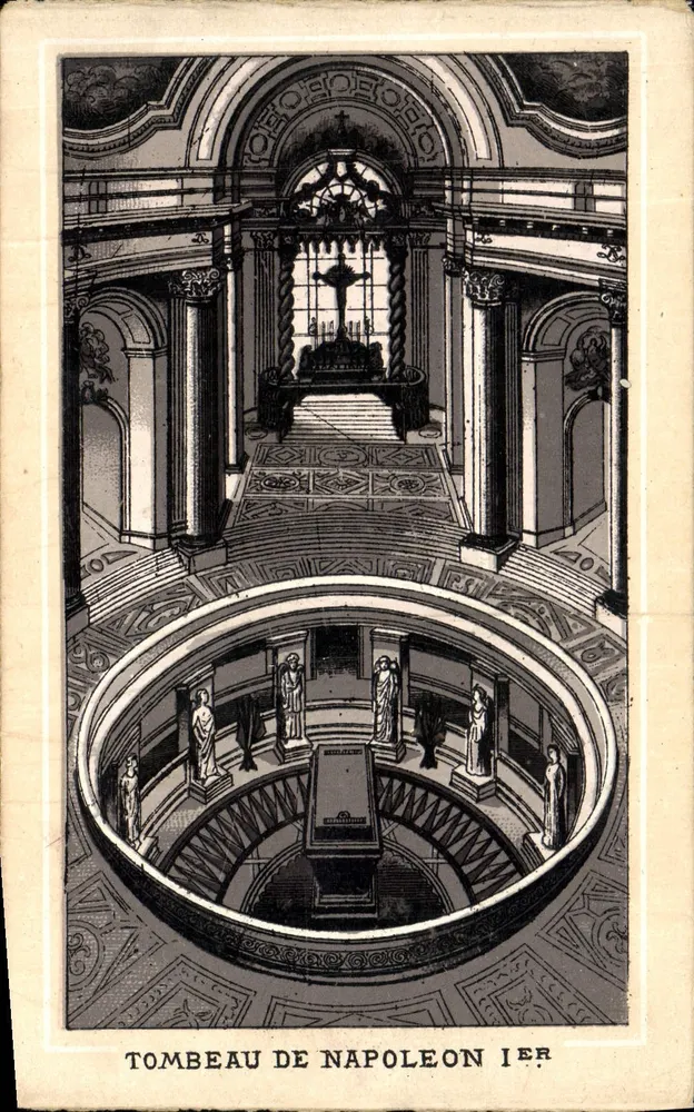 Tombeau de Napoléon Ier — intérieur du mausolée avec sarcophage central et statues — éditeur imprimeur non visible - Frente