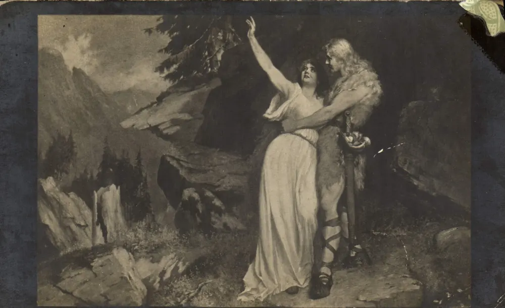 Scène de montagne — femme et guerrier — éditeur Modernto Iascensivu - Sofia - Frente
