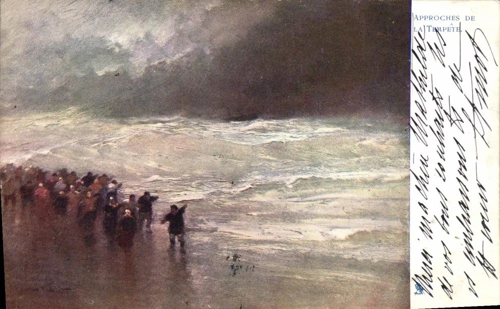 Aproximações da Tempestade — cena de praia sob tempestade — editor Tuck & Fils, série 354 - Frente