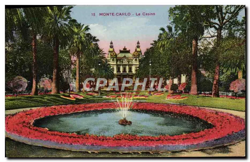 Monte-Carlo - O Casino — vista do jardim com fonte — editor: Belvédère d'Èze, n°15 - Frente