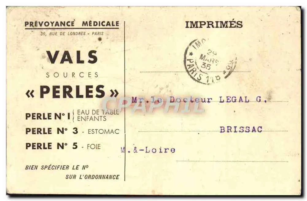 Águas Minerais - VALS « SOURCES PERLES » — Bares — Helio Braun & Cie, Paris - Verso
