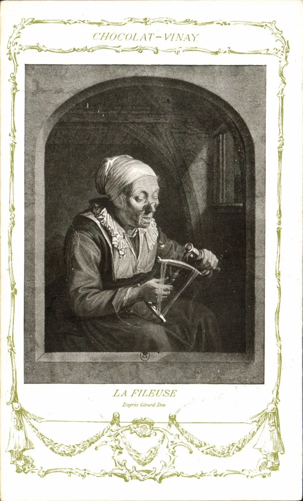 Die Spinnerei — Duprée Gérard Dou — Chocolat-Vinay, Serie VII, Nr. 8 - Vorderseite