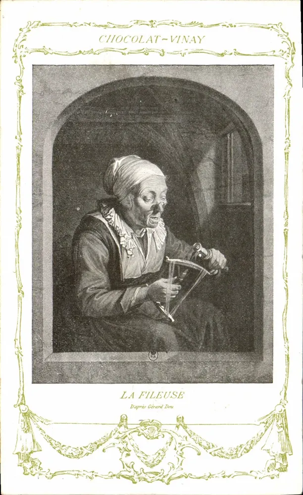 Die Spinnende — Nach Gérard Dou — Chocolat-Vinay, Serie VII, N° 8 - Vorderseite