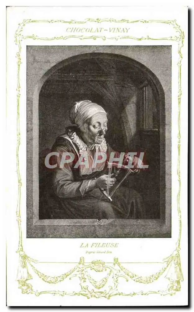 Die Spinnerei — Kupferstich von Dugré Grand Bon — Chocolat-Vinay, Serie VII, Nr. 8 - Vorderseite